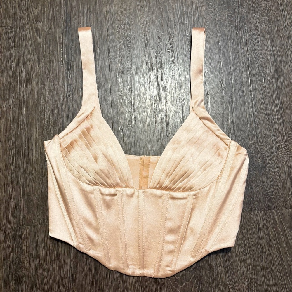 ZARA Contrast Satin Effect Bustier Corset Top in Champagne